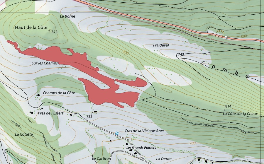 Carte nationale swisstopo avec le périmètre protégé de Haut de la Côte (Prairie sèche)