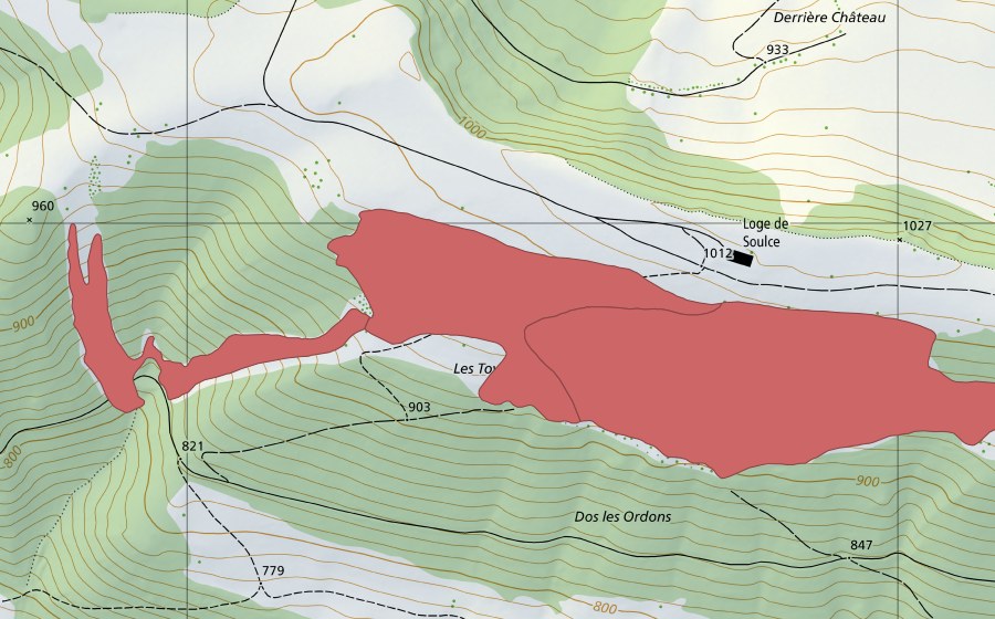 Landeskarte swisstopo mit dem Schutzperimeter von Haut du Droit (Trockenwiese)