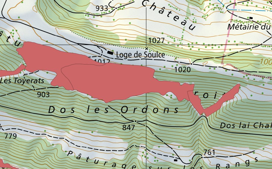 Landeskarte swisstopo mit dem Schutzperimeter von Haut du Droit (Trockenwiese)