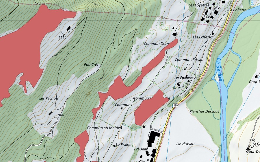 Carte nationale swisstopo avec le périmètre protégé de Haut Letron (Prairie sèche)