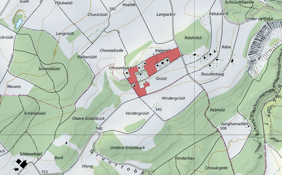 swisstopo national map showing the protected perimeter of Heerenbuck (Dry meadow)