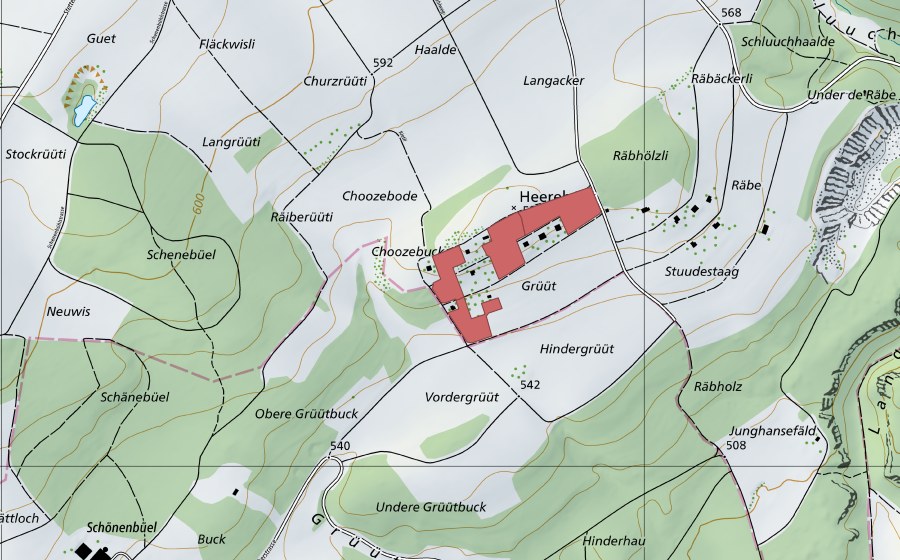 Carte nationale swisstopo avec le périmètre protégé de Heerenbuck (Prairie sèche)