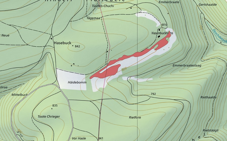 Carte nationale swisstopo avec le périmètre protégé de Heidenbomm (Prairie sèche)