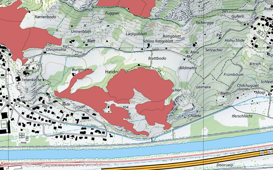 Carte nationale swisstopo avec le périmètre protégé de Heidnischbiel (Prairie sèche)