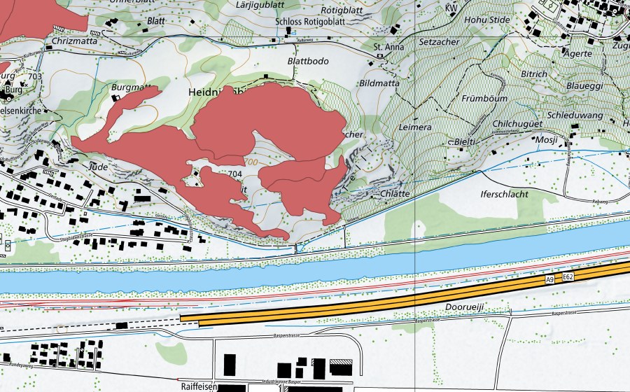 Carte nationale swisstopo avec le périmètre protégé de Heidnischbiel (Prairie sèche)