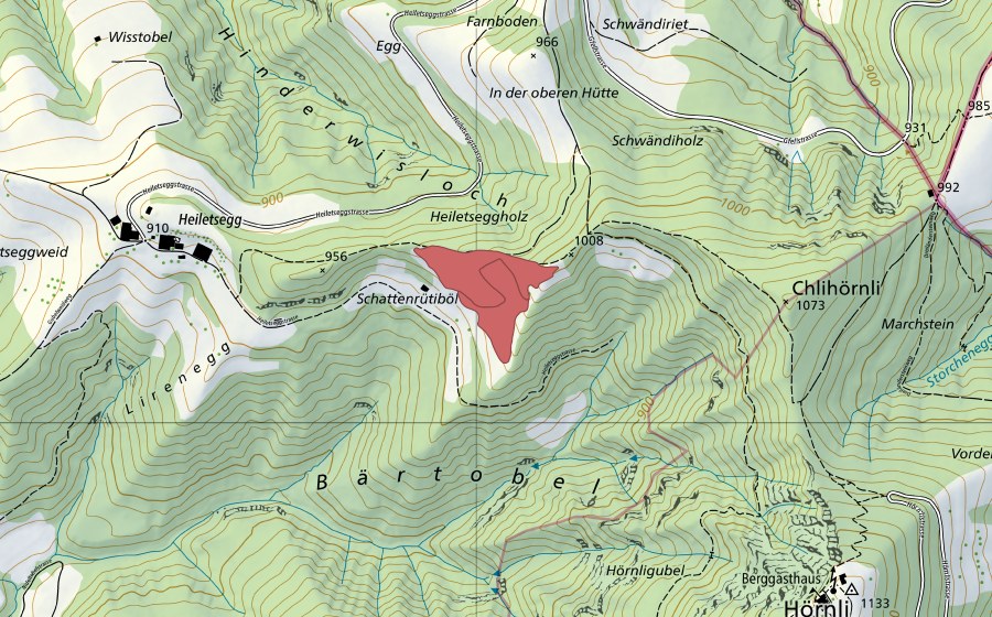 swisstopo national map showing the protected perimeter of Heiletsegg (Dry meadow)