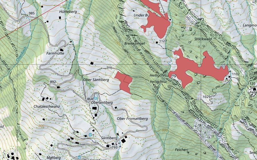 Landeskarte swisstopo mit dem Schutzperimeter von Heiligchrüz (Trockenwiese)