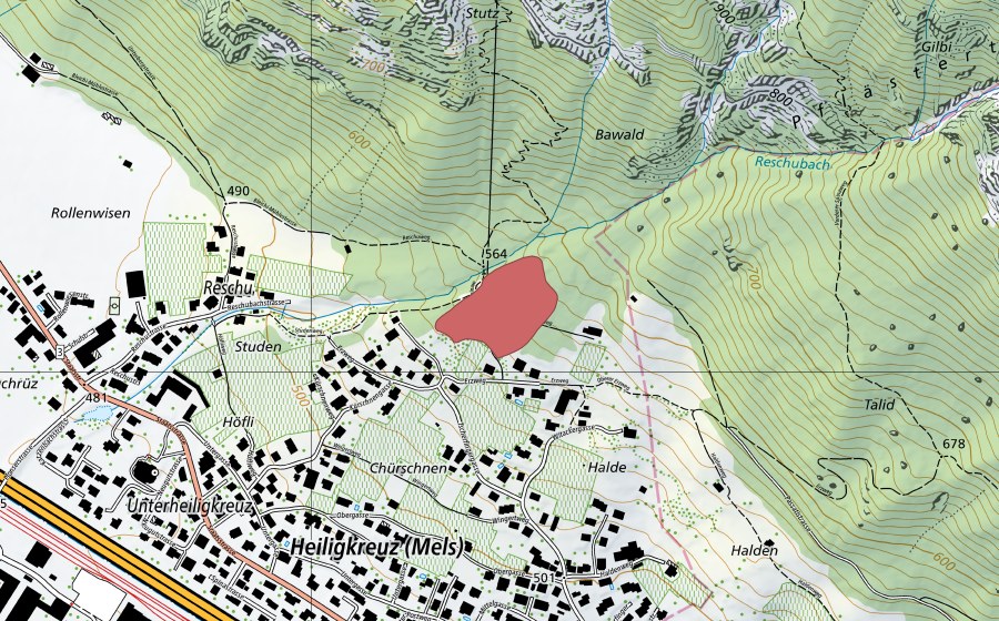 swisstopo national map showing the protected perimeter of Heiligkreuz (Dry meadow)