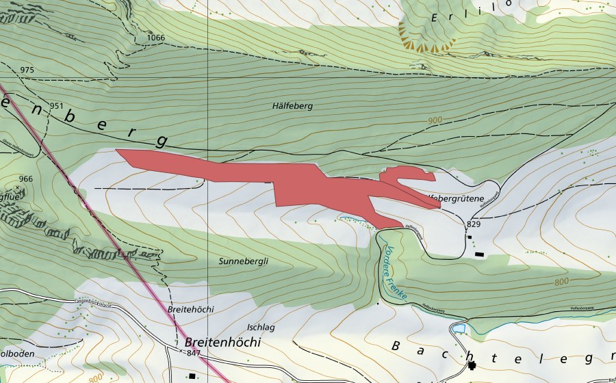 swisstopo national map showing the protected perimeter of Helfenbergrütenen (Dry meadow)