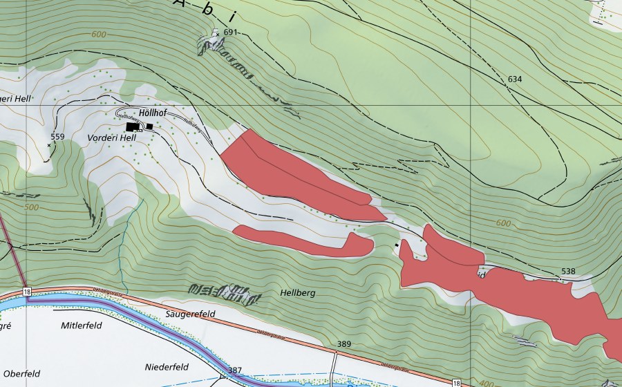 swisstopo national map showing the protected perimeter of Hell (Dry meadow)