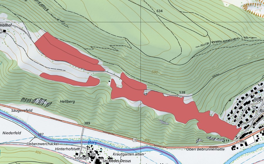Carte nationale swisstopo avec le périmètre protégé de Hell (Prairie sèche)