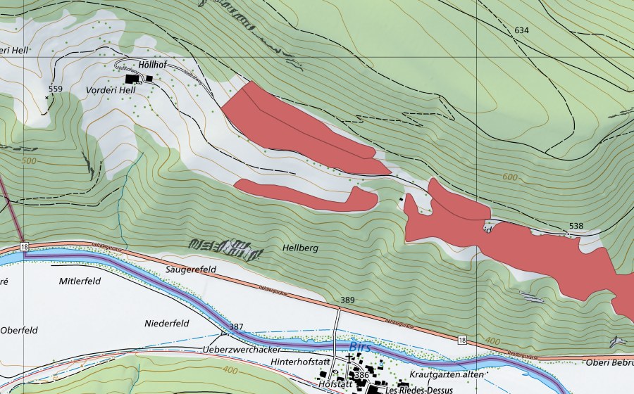 swisstopo national map showing the protected perimeter of Hell (Dry meadow)
