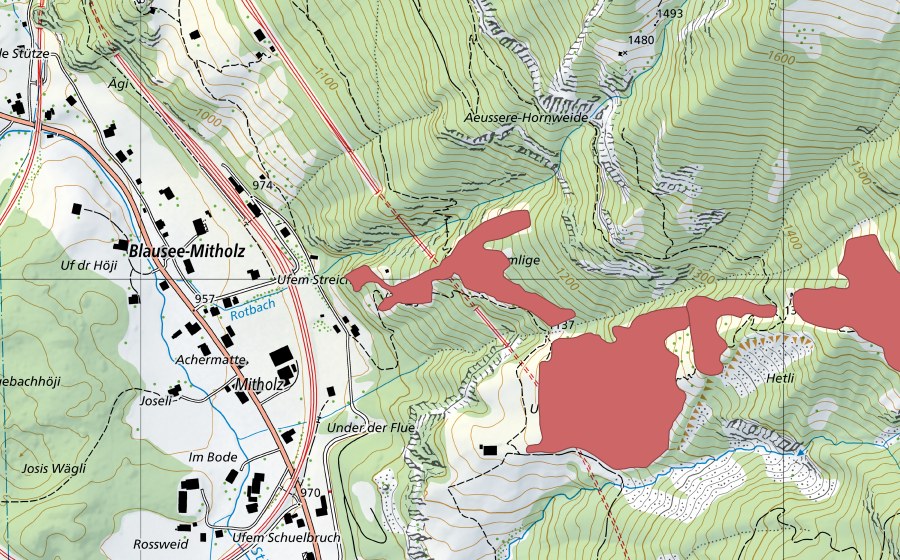 Carte nationale swisstopo avec le périmètre protégé de Hemlige (Prairie sèche)