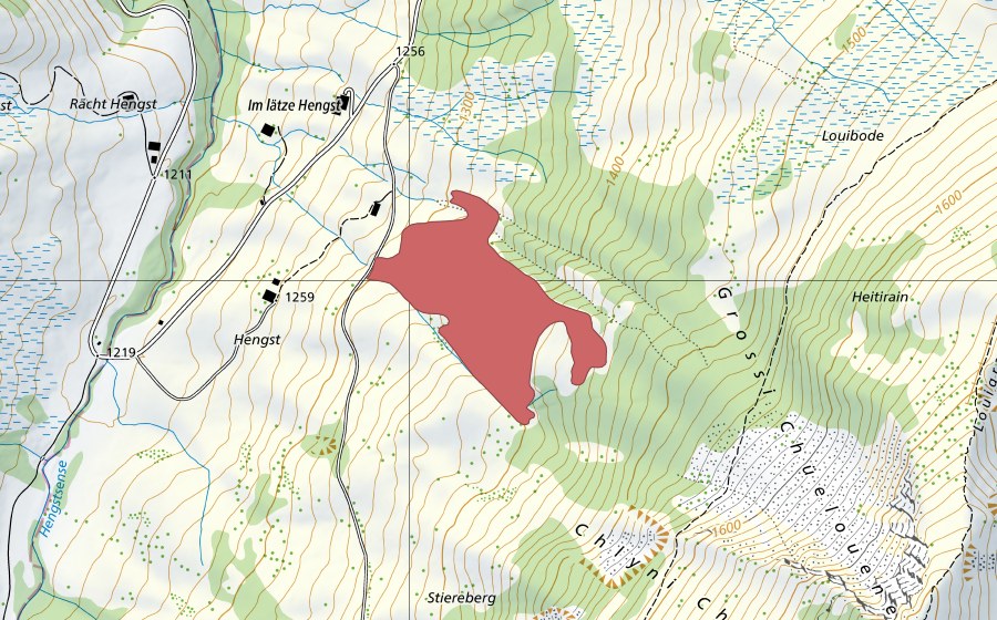 Carte nationale swisstopo avec le périmètre protégé de Hengst (Prairie sèche)