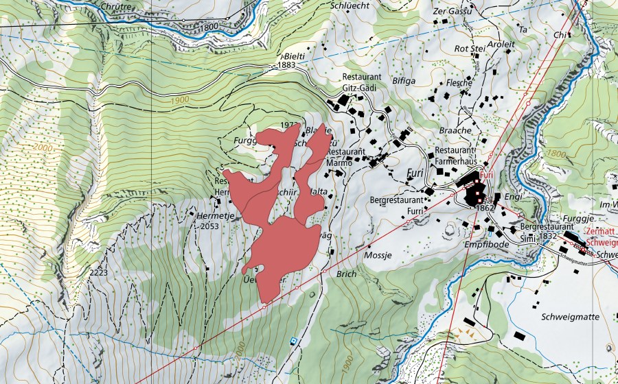 Carte nationale swisstopo avec le périmètre protégé de Hermetje (Prairie sèche)