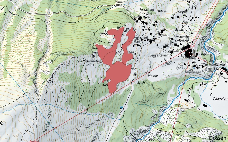 swisstopo national map showing the protected perimeter of Hermetje (Dry meadow)