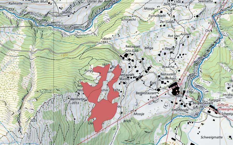 swisstopo national map showing the protected perimeter of Hermetje (Dry meadow)