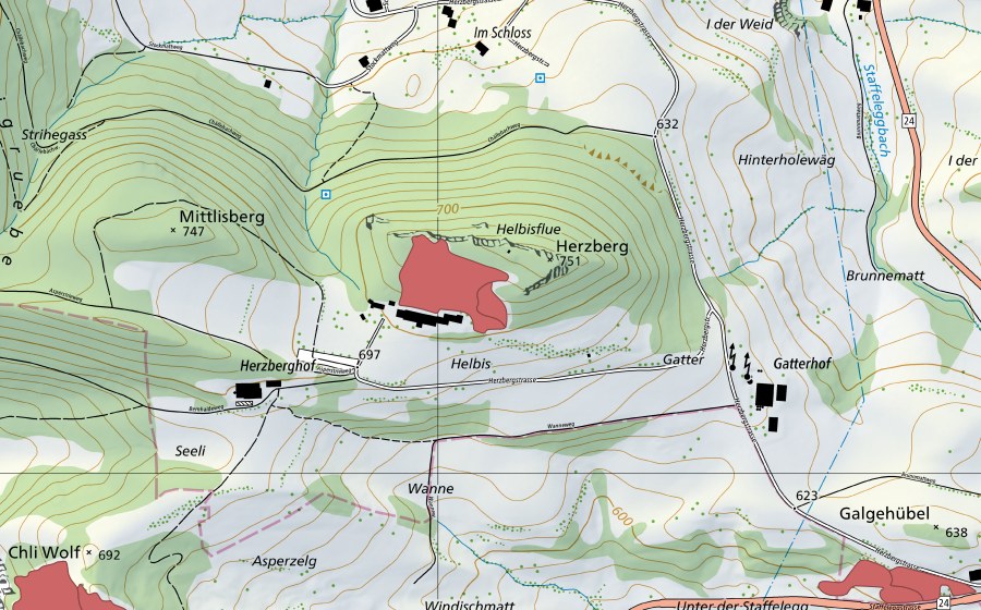 Carte nationale swisstopo avec le périmètre protégé de Herzberg (Prairie sèche)