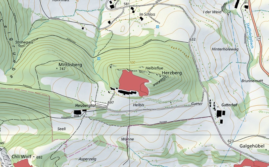 Landeskarte swisstopo mit dem Schutzperimeter von Herzberg (Trockenwiese)