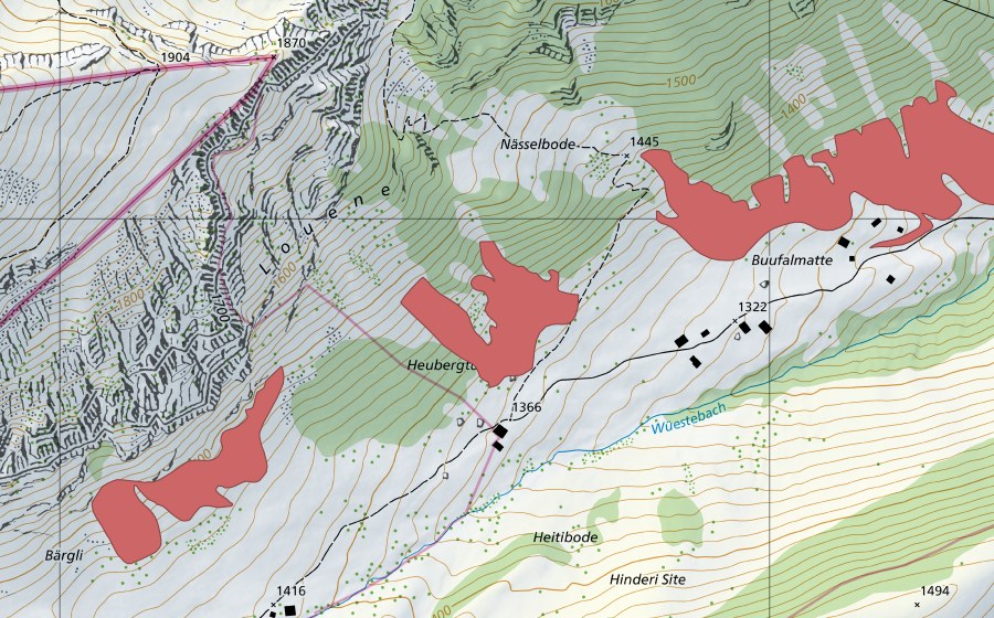 Landeskarte swisstopo mit dem Schutzperimeter von Heubergtürli (Trockenwiese)