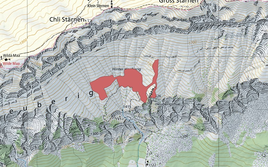 Carte nationale swisstopo avec le périmètre protégé de Heubrigsflue (Prairie sèche)