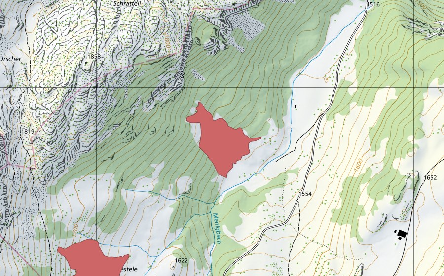 Landeskarte swisstopo mit dem Schutzperimeter von Hindermenige (Trockenwiese)