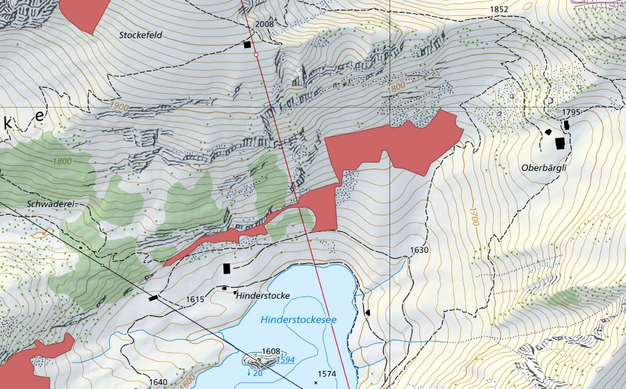 swisstopo national map showing the protected perimeter of Hinderstocke (Dry meadow)