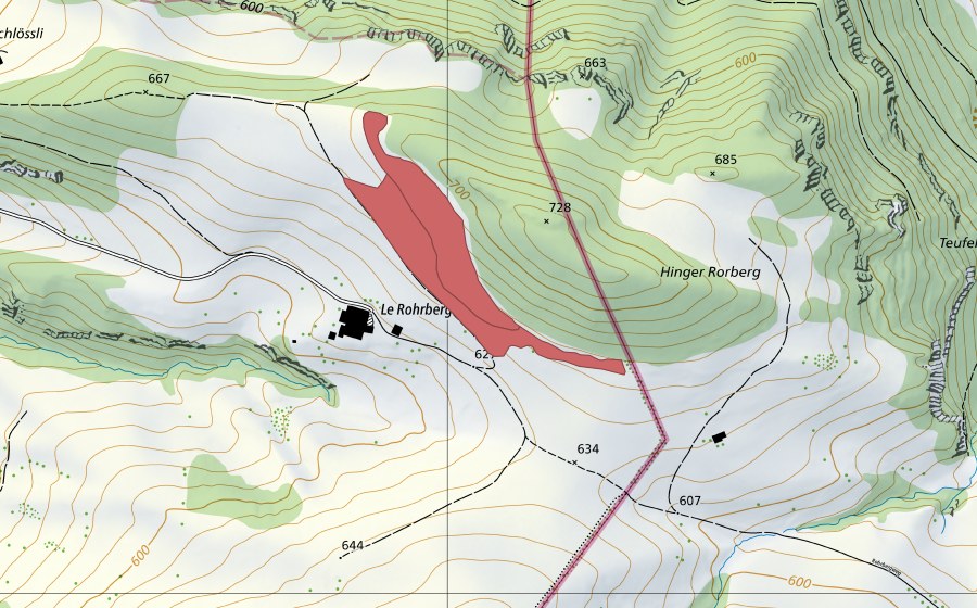 Carte nationale swisstopo avec le périmètre protégé de Hint. Rohrberg (Prairie sèche)