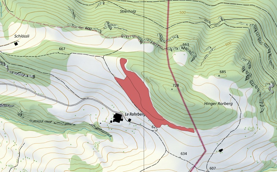 Landeskarte swisstopo mit dem Schutzperimeter von Hint. Rohrberg (Trockenwiese)