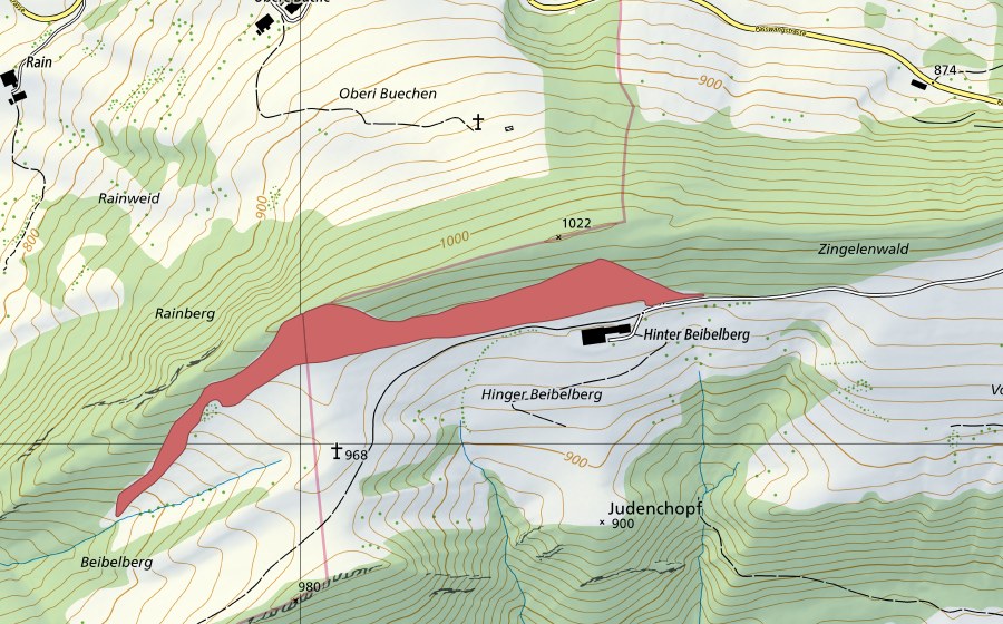 Carte nationale swisstopo avec le périmètre protégé de Hinter Beinwilberg (Prairie sèche)