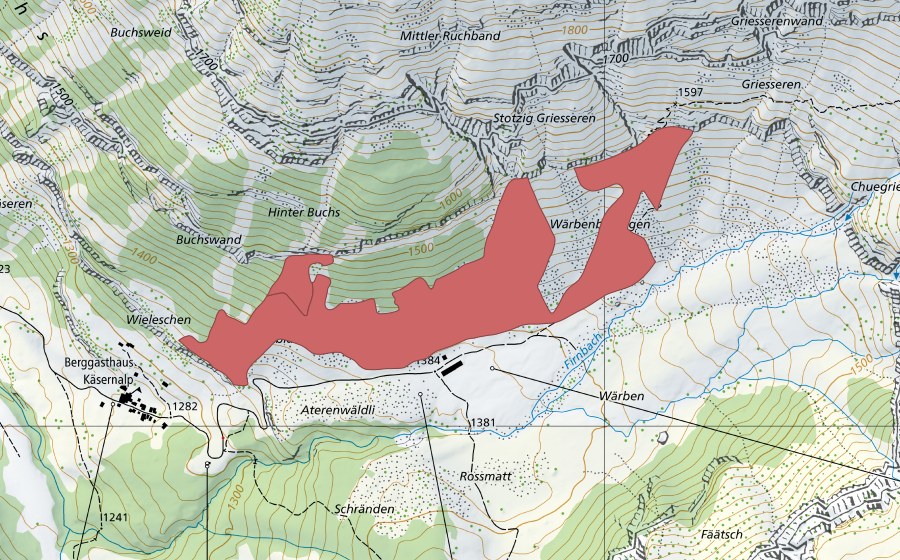 Landeskarte swisstopo mit dem Schutzperimeter von Hinter Buchs (Trockenwiese)