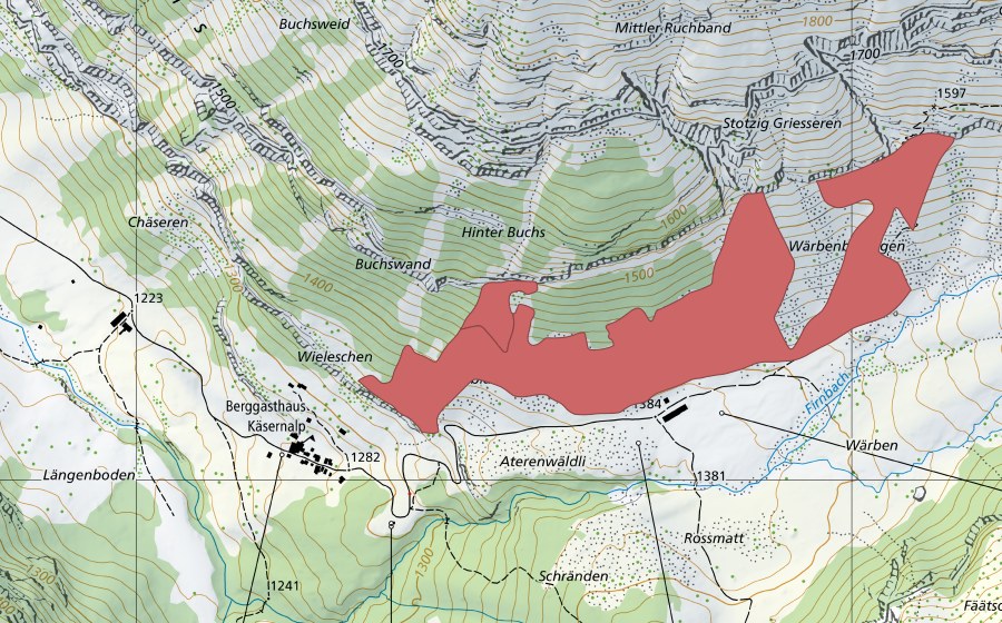Landeskarte swisstopo mit dem Schutzperimeter von Hinter Buchs (Trockenwiese)