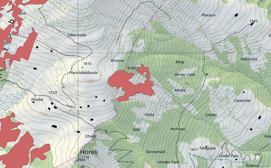 Landeskarte swisstopo mit dem Schutzperimeter von Hinter Cant (Trockenwiese)