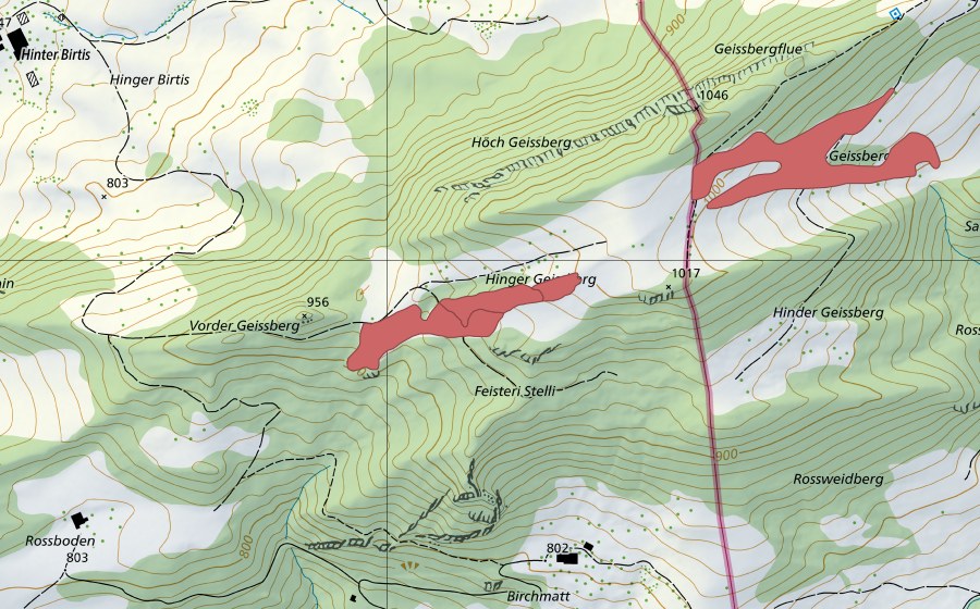 Carte nationale swisstopo avec le périmètre protégé de Hinter Geissberg (Prairie sèche)