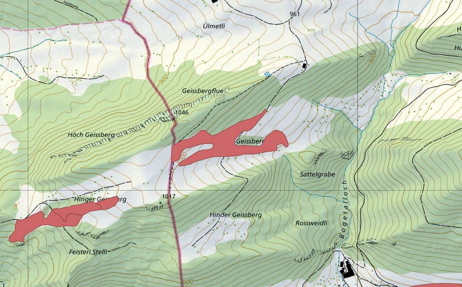 Carte nationale swisstopo avec le périmètre protégé de Hinter Geissberg (Prairie sèche)
