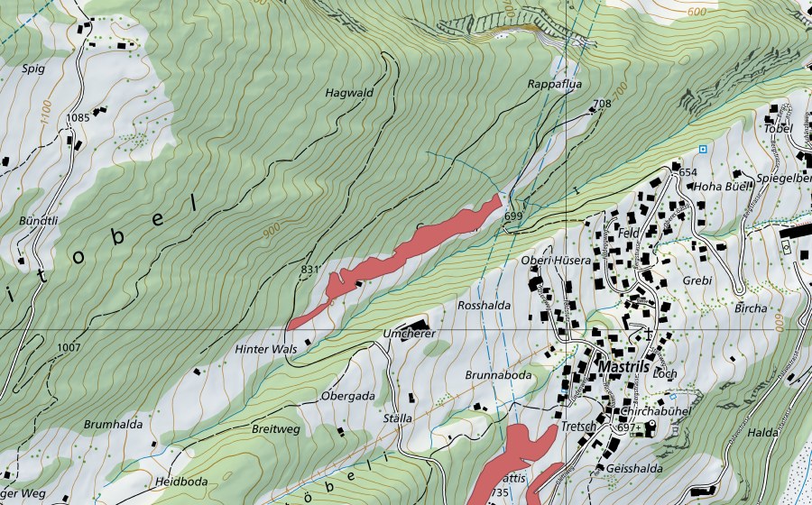 Carte nationale swisstopo avec le périmètre protégé de Hinter Wals (Prairie sèche)