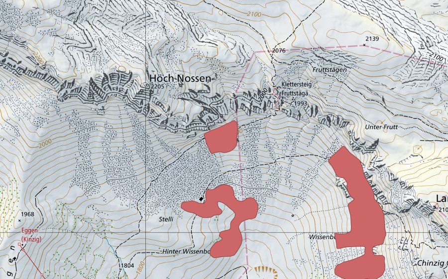 Carte nationale swisstopo avec le périmètre protégé de Hinter Wissenboden (Prairie sèche)