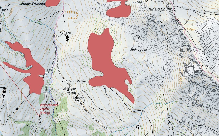 swisstopo national map showing the protected perimeter of Hinter Wissenboden (Dry meadow)