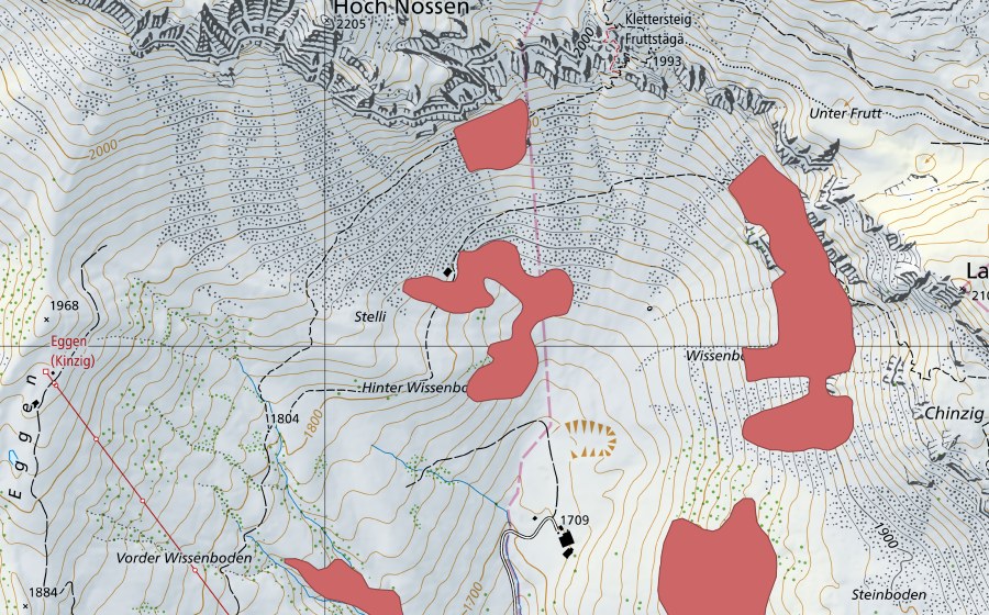 Landeskarte swisstopo mit dem Schutzperimeter von Hinter Wissenboden (Trockenwiese)