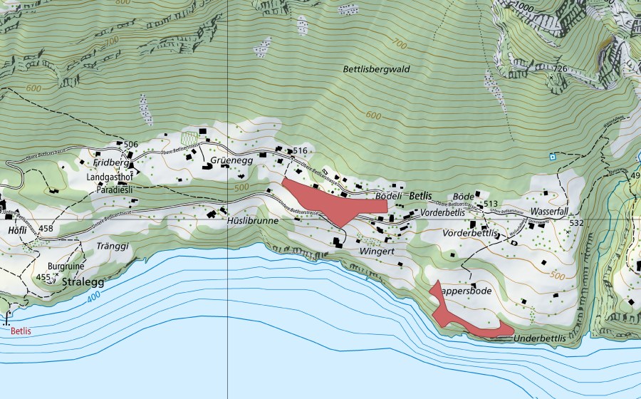 Carte nationale swisstopo avec le périmètre protégé de Hinterbetlis (Prairie sèche)
