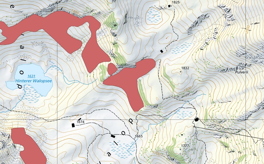 swisstopo national map showing the protected perimeter of Hintere Walop (Dry meadow)