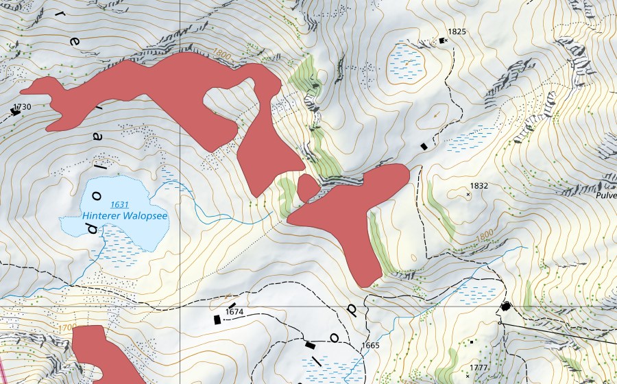 swisstopo national map showing the protected perimeter of Hintere Walop (Dry meadow)