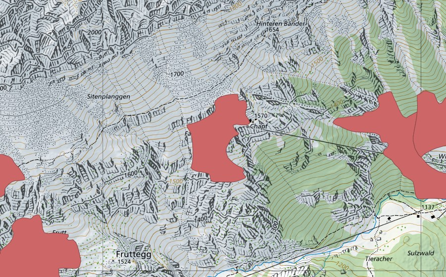 Landeskarte swisstopo mit dem Schutzperimeter von Hinteren Bänder (Trockenwiese)