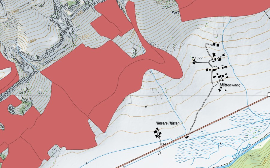 Landeskarte swisstopo mit dem Schutzperimeter von Hinteren Hütten (Trockenwiese)