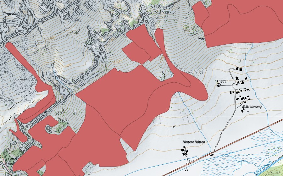 Landeskarte swisstopo mit dem Schutzperimeter von Hinteren Hütten (Trockenwiese)