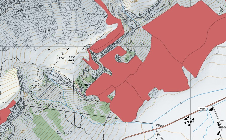 swisstopo national map showing the protected perimeter of Hinteren Hütten (Dry meadow)