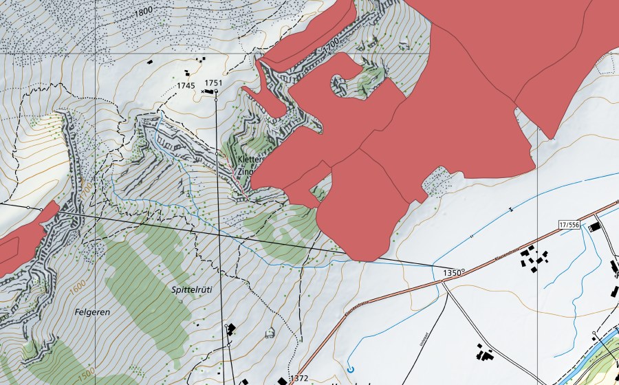 Landeskarte swisstopo mit dem Schutzperimeter von Hinteren Hütten (Trockenwiese)