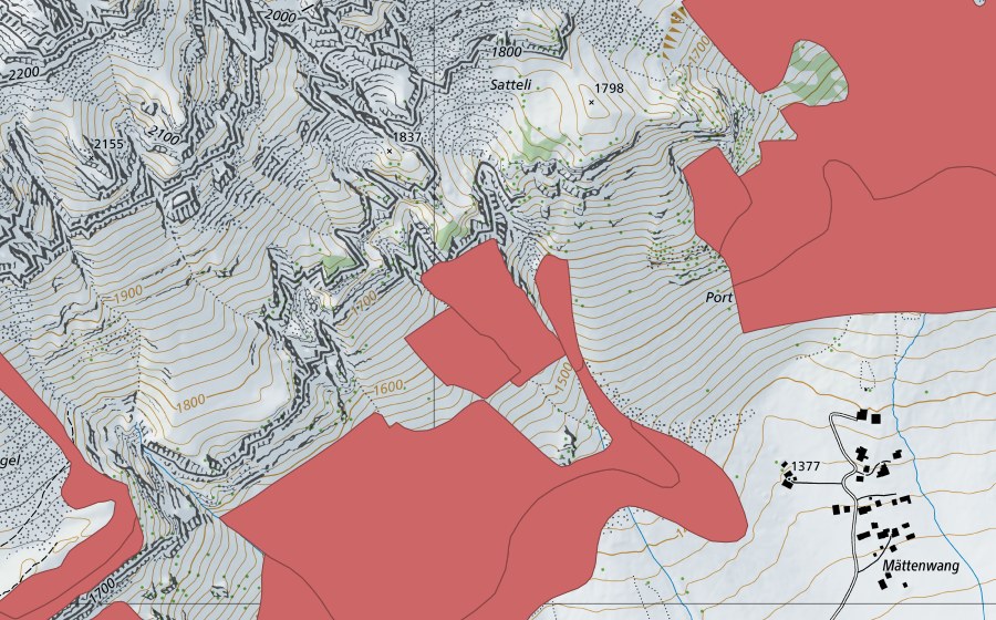 Landeskarte swisstopo mit dem Schutzperimeter von Hinteren Hütten (Trockenwiese)