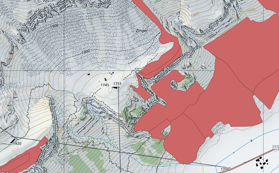 Landeskarte swisstopo mit dem Schutzperimeter von Hinteren Hütten (Trockenwiese)