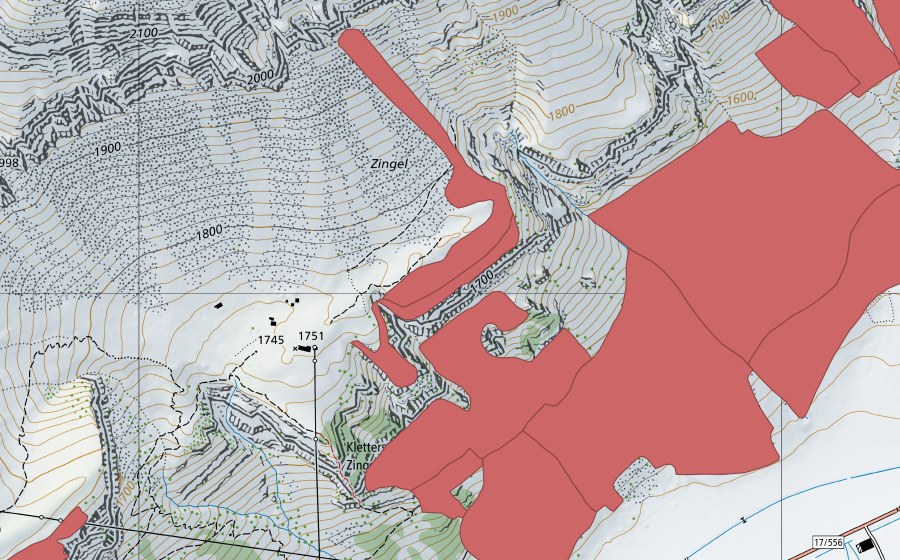Carte nationale swisstopo avec le périmètre protégé de Hinteren Hütten (Prairie sèche)